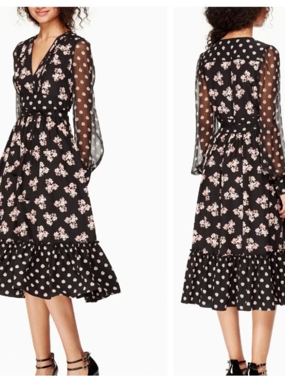 Kate Spade Black Floral Long Sleeve Midi Dress